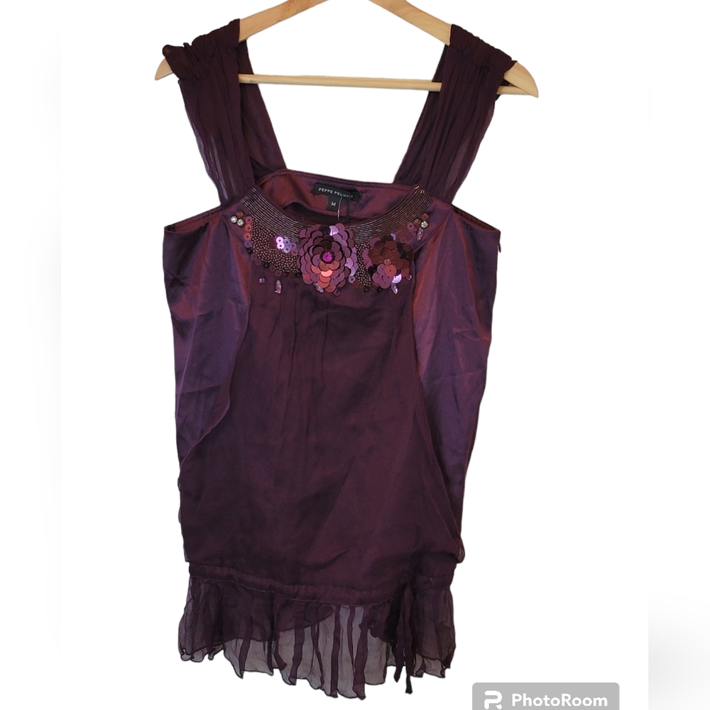 Peppe Peluso Beaded Chiffon Silk Blend Tank/Blouse Size Medium